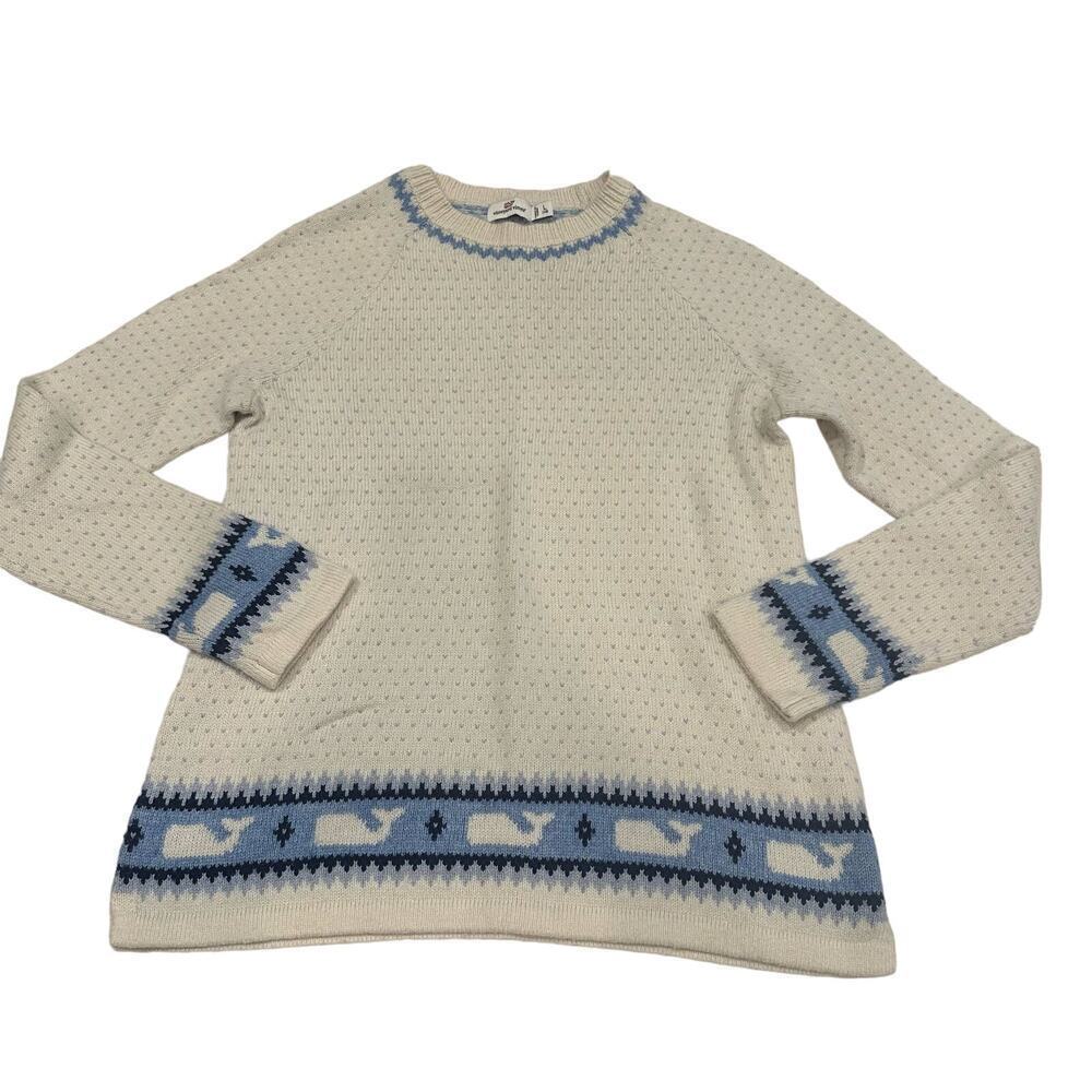 Vineyard Vines Girls L 14 Cream Blue Whale Fair Isle Sweater